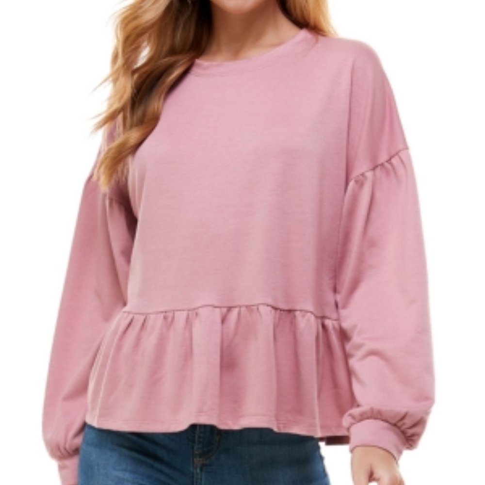Gypsies and Moondust Long Sleeve Drop Shoulder Peplum Sweater in Pink